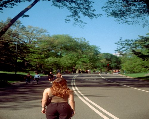 Person taking a walk in a sunny park with trees
